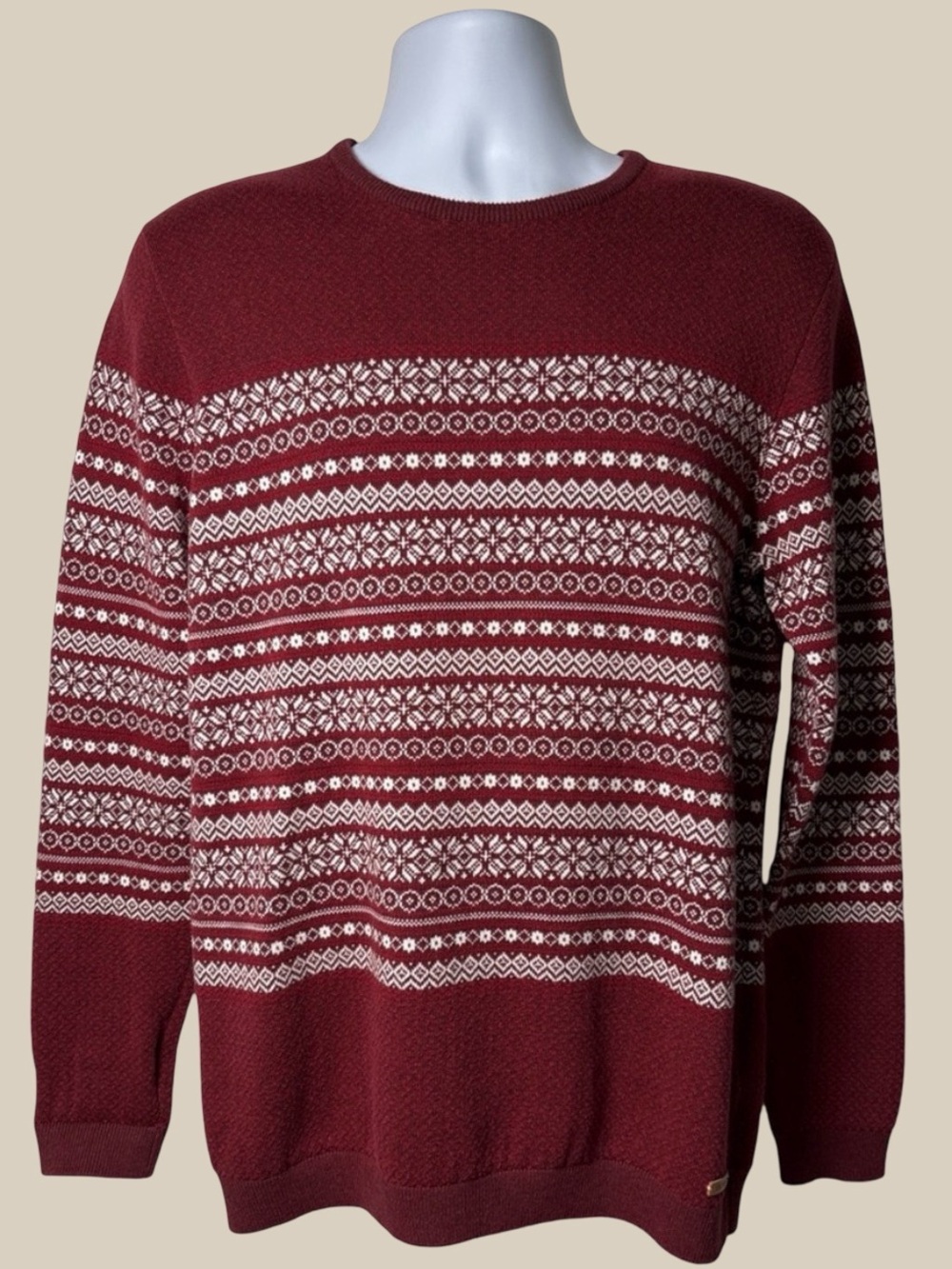 edc by Esprit Men's Sweater Maroon Fair Isle Nordic Cotton Knit Pullover Crew L